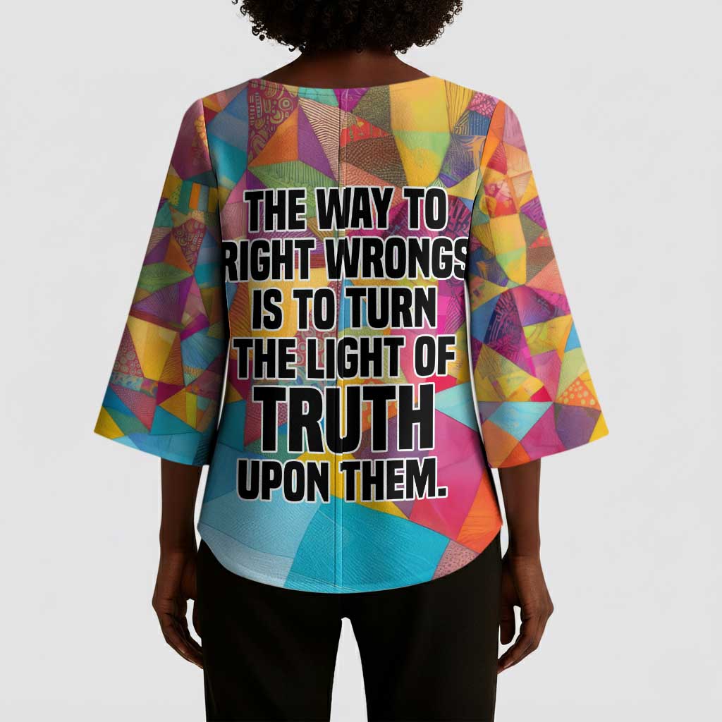 Ida B. Wells Kimono Sleeve Blouse with Colorful Patchwork Pattern Design Confident Portrait Civil Rights and Journalism Tribute - Wonder Print Shop