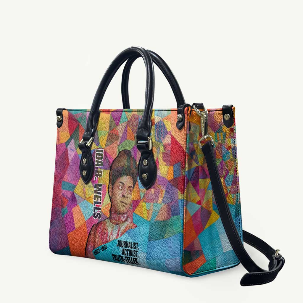 Ida B. Wells Leather Bag with Colorful Patchwork Pattern Design Confident Portrait Civil Rights and Journalism Tribute - Wonder Print Shop