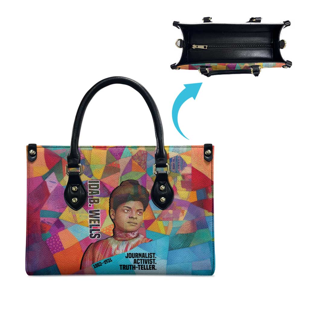 Ida B. Wells Leather Bag with Colorful Patchwork Pattern Design Confident Portrait Civil Rights and Journalism Tribute - Wonder Print Shop