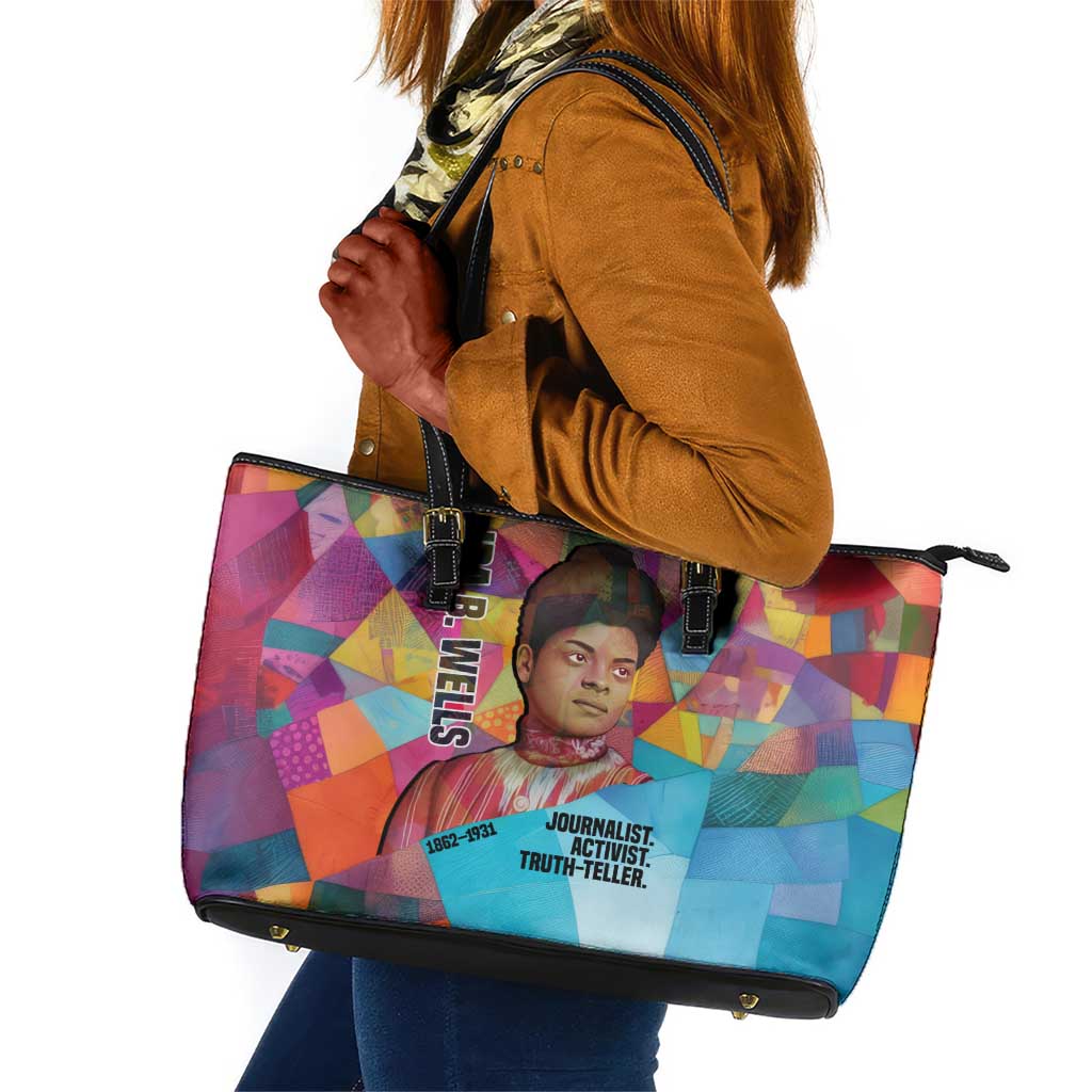 Ida B. Wells Leather Tote Bag with Colorful Patchwork Pattern Design Confident Portrait Civil Rights and Journalism Tribute - Wonder Print Shop