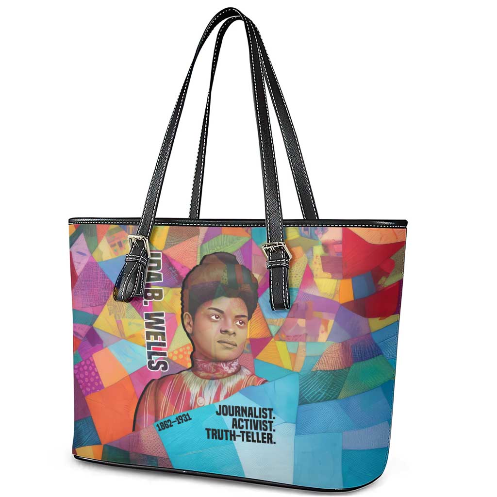 Ida B. Wells Leather Tote Bag with Colorful Patchwork Pattern Design Confident Portrait Civil Rights and Journalism Tribute - Wonder Print Shop