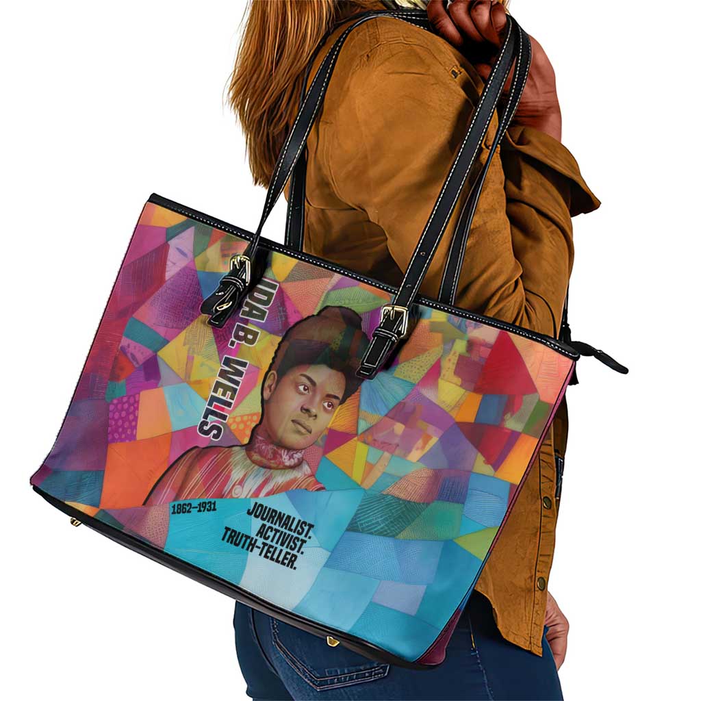 Ida B. Wells Leather Tote Bag with Colorful Patchwork Pattern Design Confident Portrait Civil Rights and Journalism Tribute - Wonder Print Shop