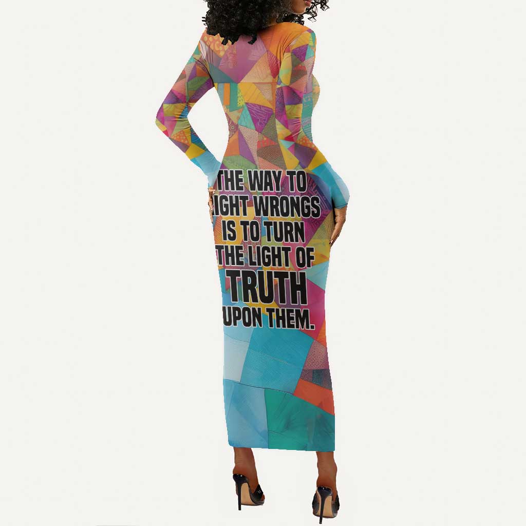 Ida B. Wells Long Sleeve Bodycon Dress with Colorful Patchwork Pattern Design Confident Portrait Civil Rights and Journalism Tribute - Wonder Print Shop
