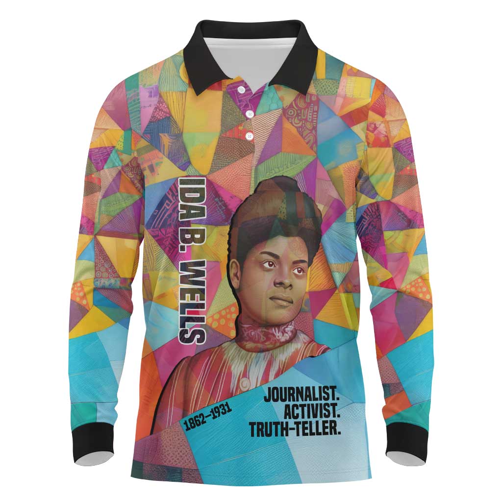 Ida B. Wells Long Sleeve Polo Shirt with Colorful Patchwork Pattern Design Confident Portrait Civil Rights and Journalism Tribute - Wonder Print Shop