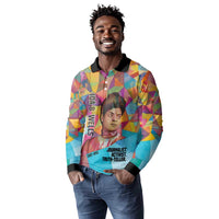 Ida B. Wells Long Sleeve Polo Shirt with Colorful Patchwork Pattern Design Confident Portrait Civil Rights and Journalism Tribute - Wonder Print Shop