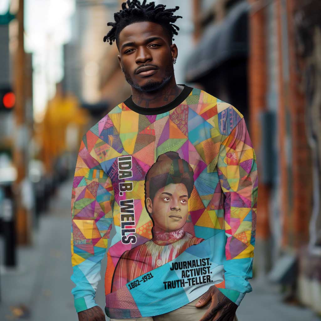 Ida B. Wells Long Sleeve Shirt with Colorful Patchwork Pattern Design Confident Portrait Civil Rights and Journalism Tribute - Wonder Print Shop