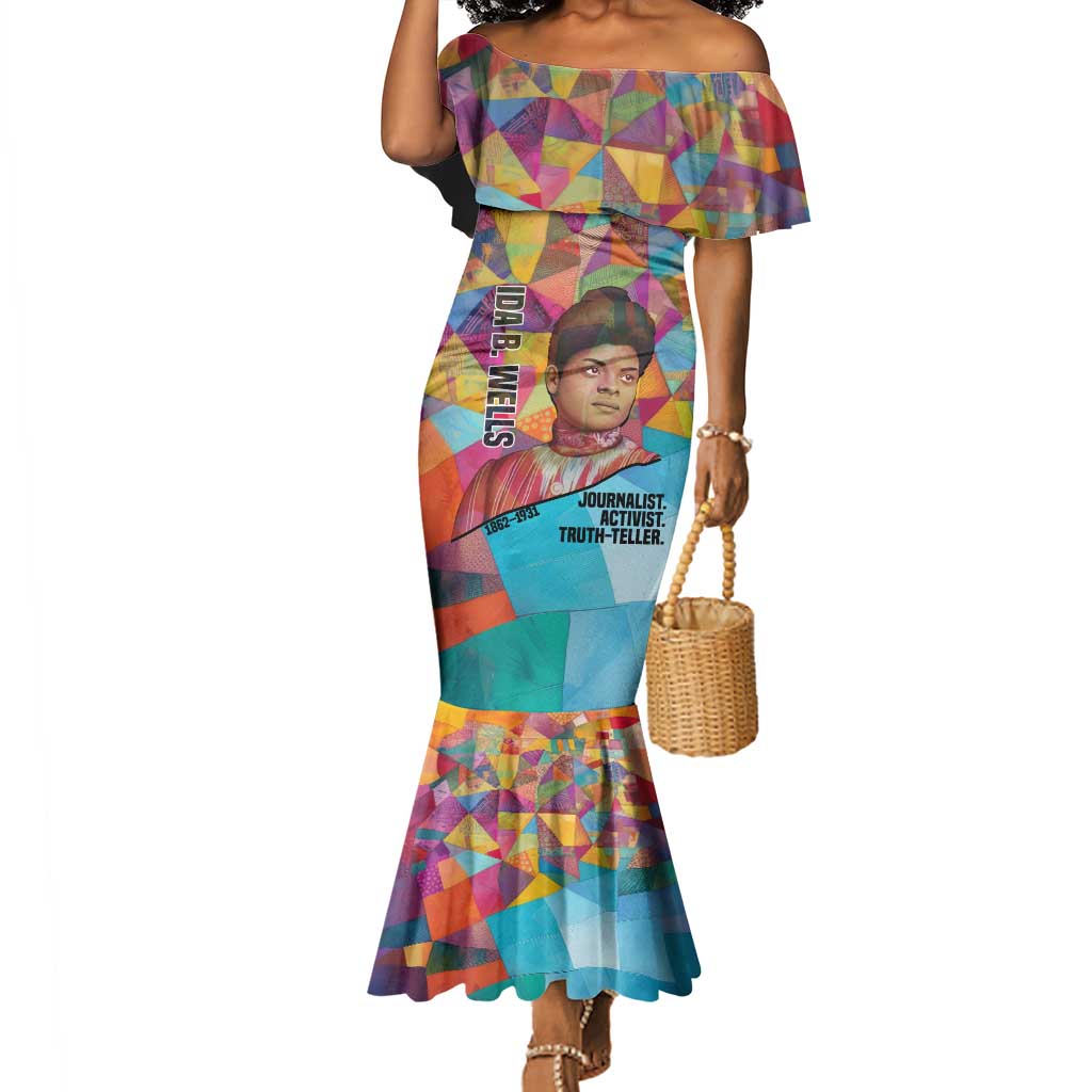 Ida B. Wells Mermaid Dress with Colorful Patchwork Pattern Design Confident Portrait Civil Rights and Journalism Tribute - Wonder Print Shop