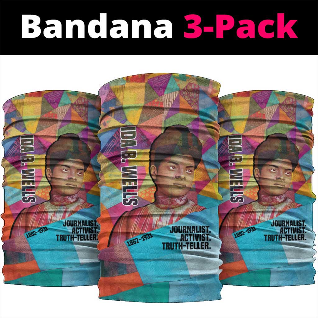 Ida B. Wells Neck Gaiter with Colorful Patchwork Pattern Design Confident Portrait Civil Rights and Journalism Tribute - Wonder Print Shop
