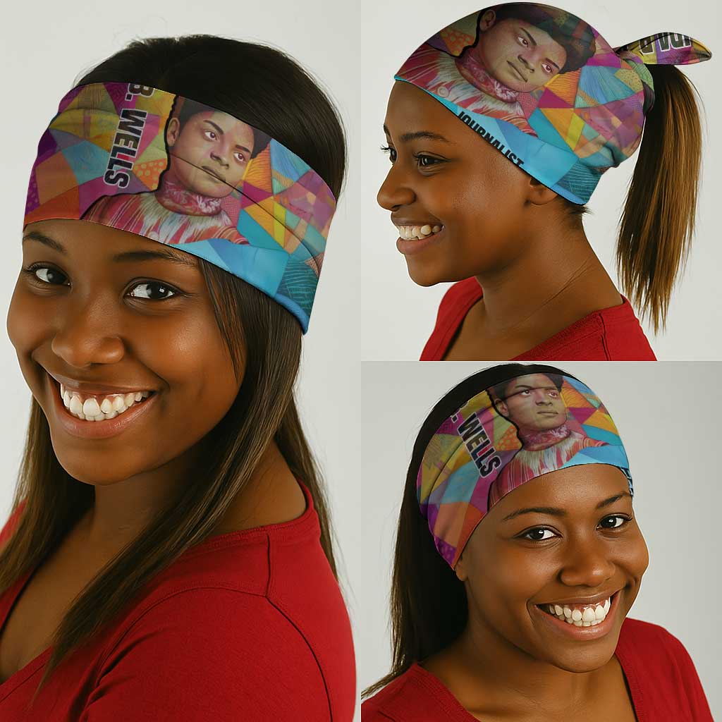 Ida B. Wells Neck Gaiter with Colorful Patchwork Pattern Design Confident Portrait Civil Rights and Journalism Tribute - Wonder Print Shop