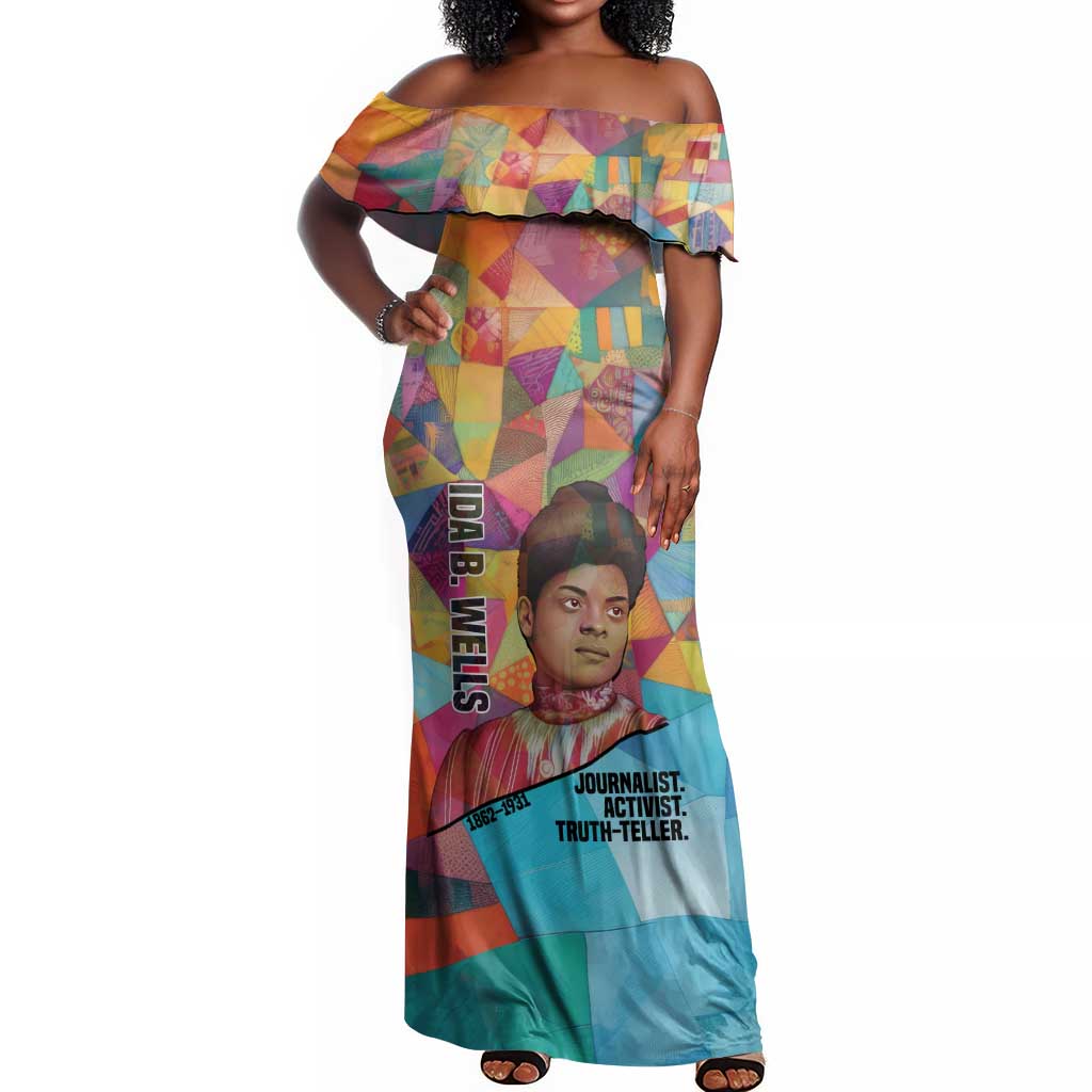 Ida B. Wells Off Shoulder Maxi Dress with Colorful Patchwork Pattern Design Confident Portrait Civil Rights and Journalism Tribute - Wonder Print Shop