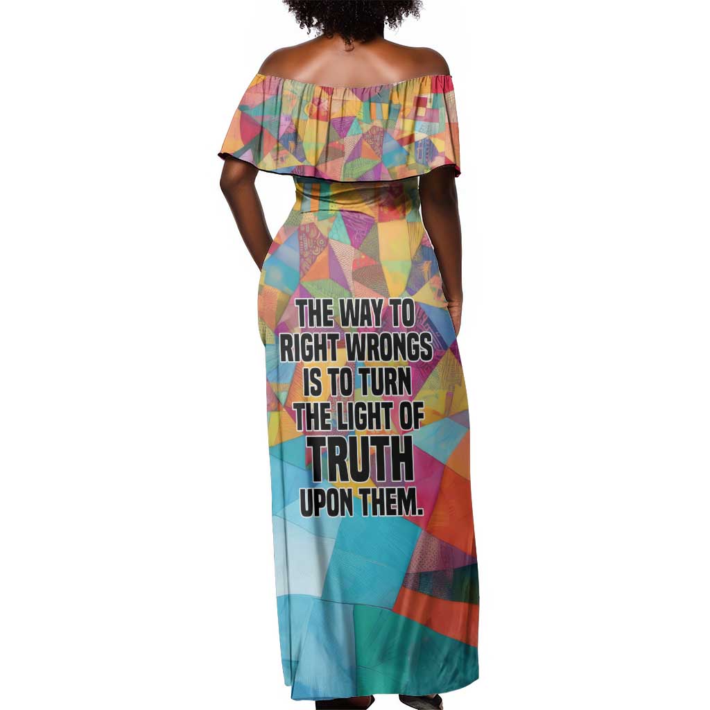 Ida B. Wells Off Shoulder Maxi Dress with Colorful Patchwork Pattern Design Confident Portrait Civil Rights and Journalism Tribute - Wonder Print Shop
