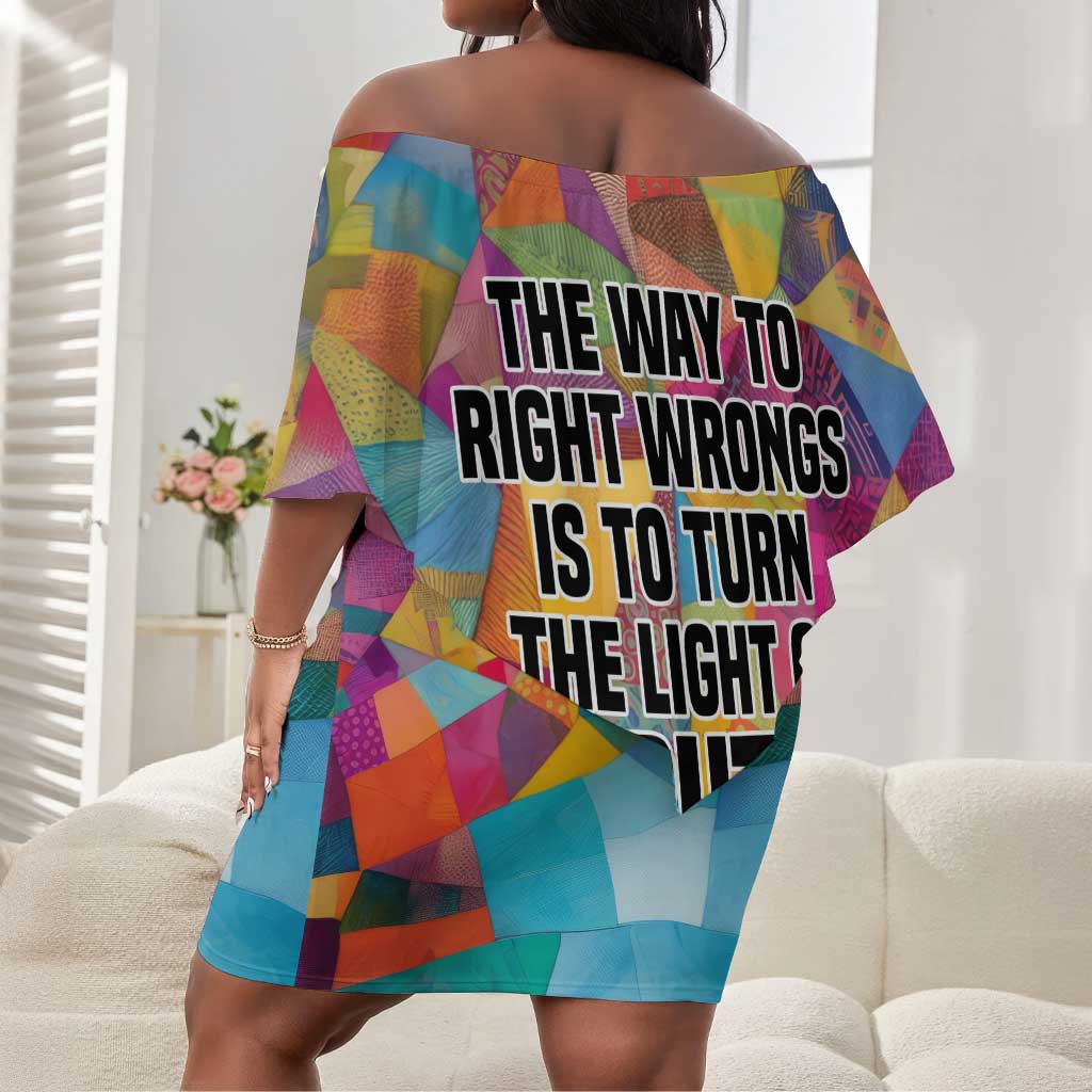Ida B. Wells Off Shoulder Short Dress with Colorful Patchwork Pattern Design Confident Portrait Civil Rights and Journalism Tribute - Wonder Print Shop
