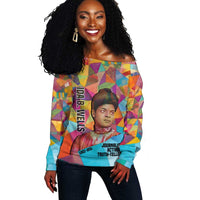 Ida B. Wells Off Shoulder Sweater with Colorful Patchwork Pattern Design Confident Portrait Civil Rights and Journalism Tribute - Wonder Print Shop