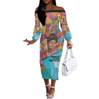 Ida B. Wells Off The Shoulder Long Sleeve Dress with Colorful Patchwork Pattern Design Confident Portrait Civil Rights and Journalism Tribute - Wonder Print Shop