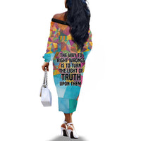 Ida B. Wells Off The Shoulder Long Sleeve Dress with Colorful Patchwork Pattern Design Confident Portrait Civil Rights and Journalism Tribute - Wonder Print Shop