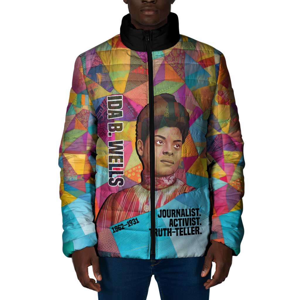 Ida B. Wells Padded Jacket with Colorful Patchwork Pattern Design Confident Portrait Civil Rights and Journalism Tribute - Wonder Print Shop