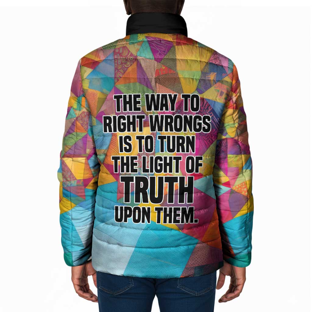 Ida B. Wells Padded Jacket with Colorful Patchwork Pattern Design Confident Portrait Civil Rights and Journalism Tribute - Wonder Print Shop