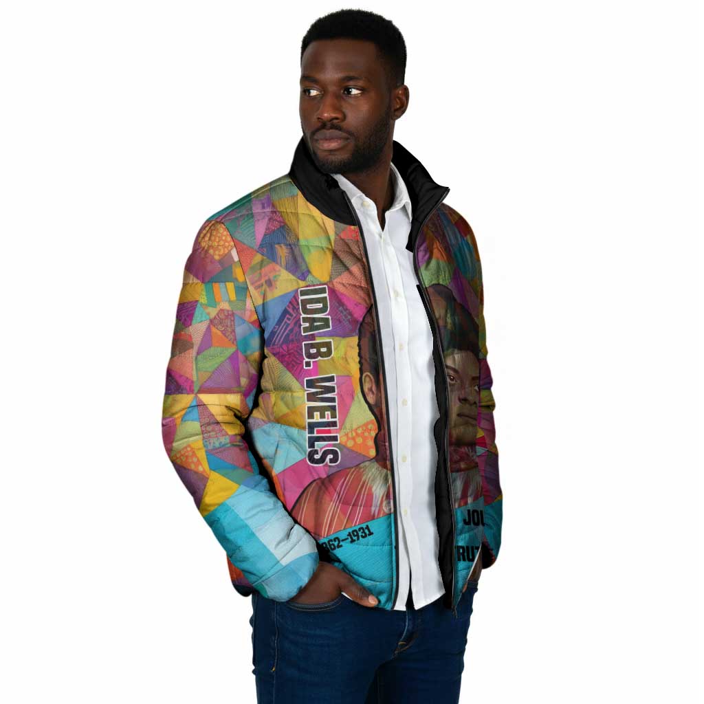 Ida B. Wells Padded Jacket with Colorful Patchwork Pattern Design Confident Portrait Civil Rights and Journalism Tribute - Wonder Print Shop