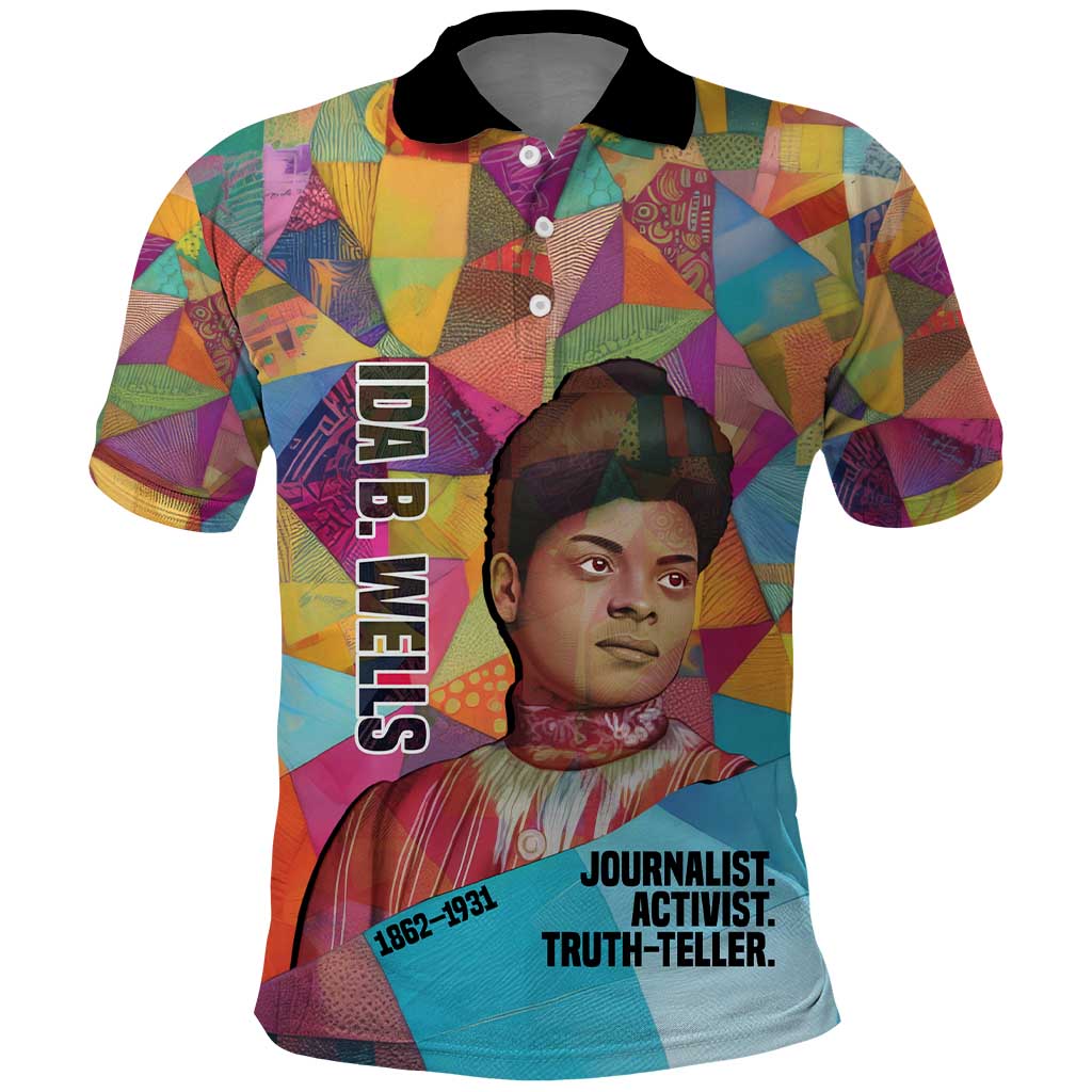 Ida B. Wells Polo Shirt with Colorful Patchwork Pattern Design Confident Portrait Civil Rights and Journalism Tribute - Wonder Print Shop
