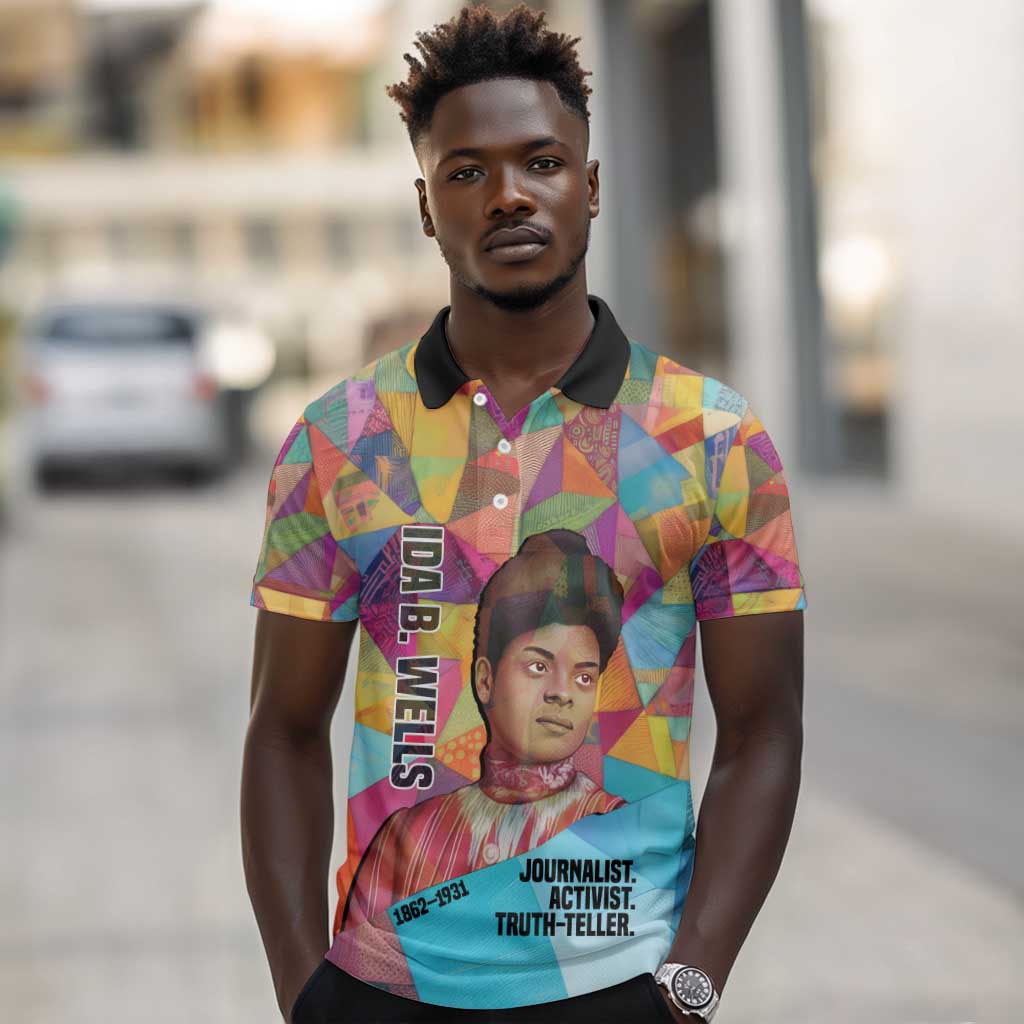 Ida B. Wells Polo Shirt with Colorful Patchwork Pattern Design Confident Portrait Civil Rights and Journalism Tribute - Wonder Print Shop