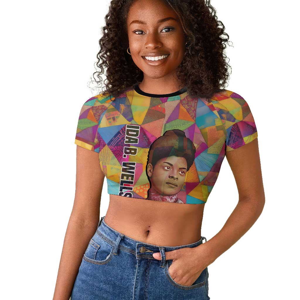 Ida B. Wells Raglan Cropped T shirt with Colorful Patchwork Pattern Design Confident Portrait Civil Rights and Journalism Tribute - Wonder Print Shop
