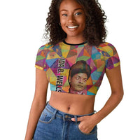 Ida B. Wells Raglan Cropped T shirt with Colorful Patchwork Pattern Design Confident Portrait Civil Rights and Journalism Tribute - Wonder Print Shop