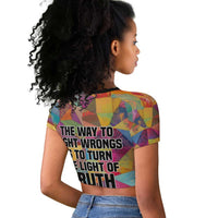 Ida B. Wells Raglan Cropped T shirt with Colorful Patchwork Pattern Design Confident Portrait Civil Rights and Journalism Tribute - Wonder Print Shop