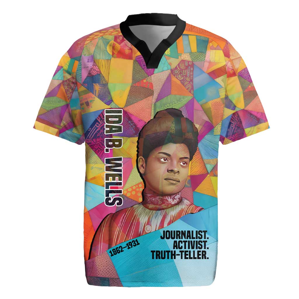 Ida B. Wells Rugby Jersey with Colorful Patchwork Pattern Design Confident Portrait Civil Rights and Journalism Tribute - Wonder Print Shop