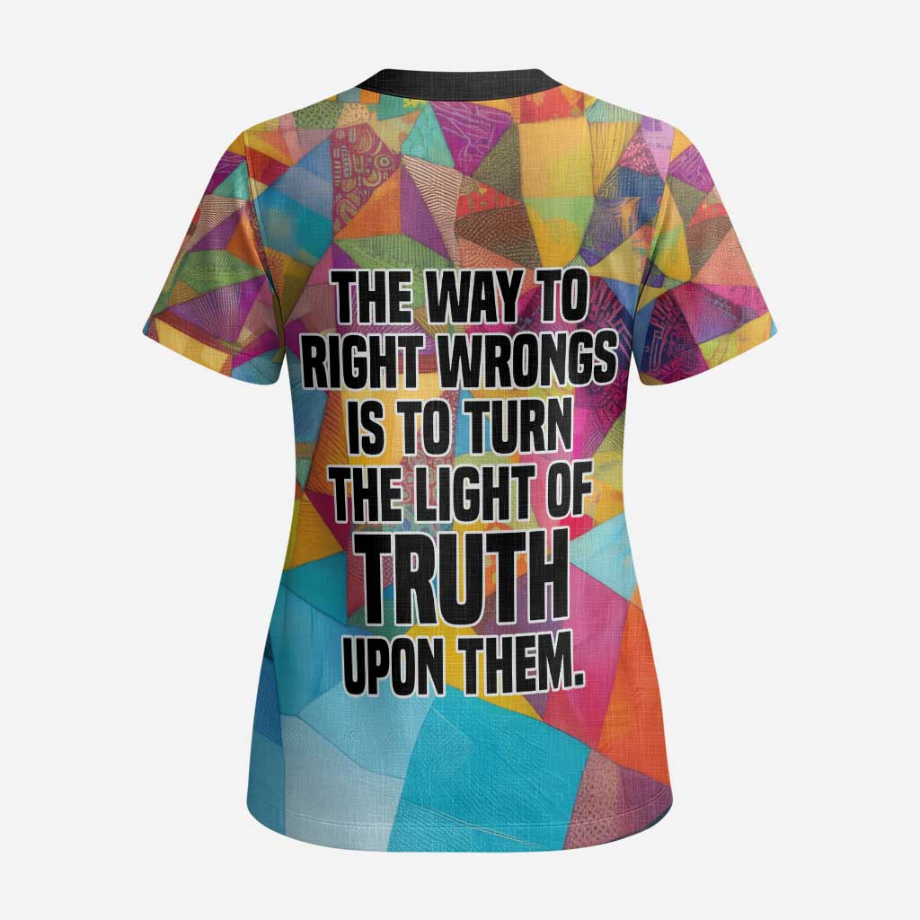 Ida B. Wells Scrub Top with Colorful Patchwork Pattern Design Confident Portrait Civil Rights and Journalism Tribute - Wonder Print Shop