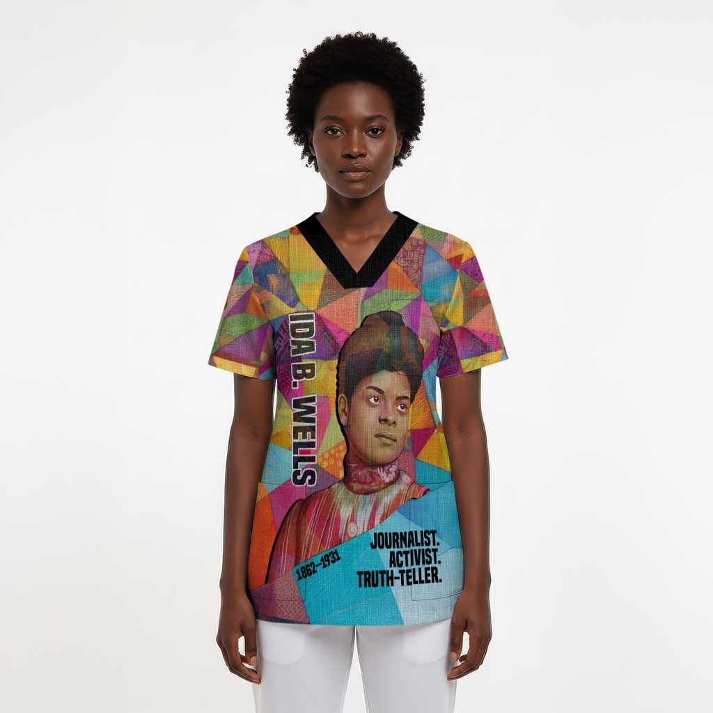 Ida B. Wells Scrub Top with Colorful Patchwork Pattern Design Confident Portrait Civil Rights and Journalism Tribute - Wonder Print Shop