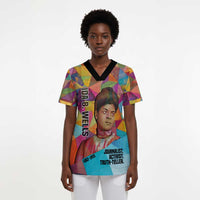 Ida B. Wells Scrub Top with Colorful Patchwork Pattern Design Confident Portrait Civil Rights and Journalism Tribute - Wonder Print Shop
