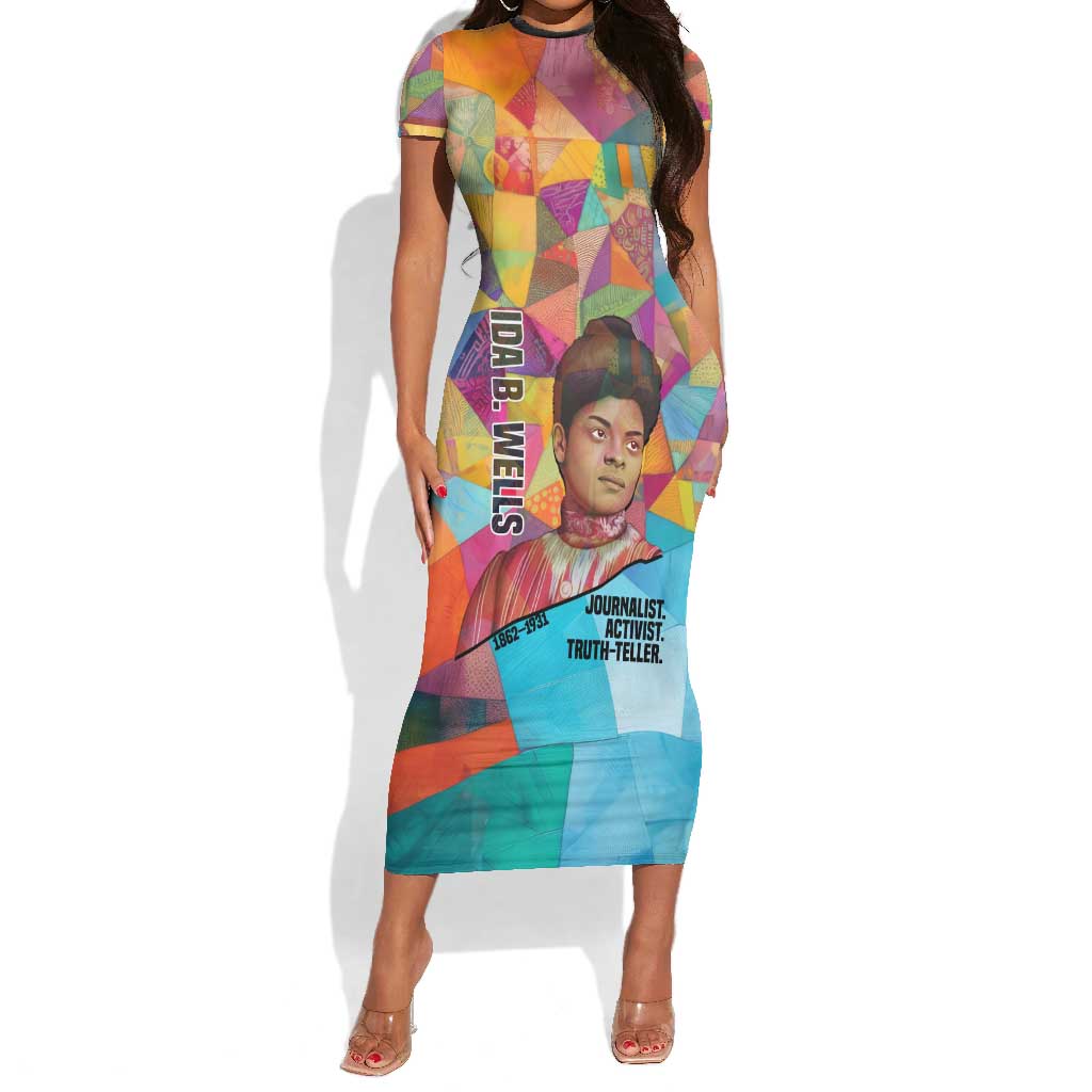 Ida B. Wells Short Sleeve Bodycon Dress with Colorful Patchwork Pattern Design Confident Portrait Civil Rights and Journalism Tribute - Wonder Print Shop
