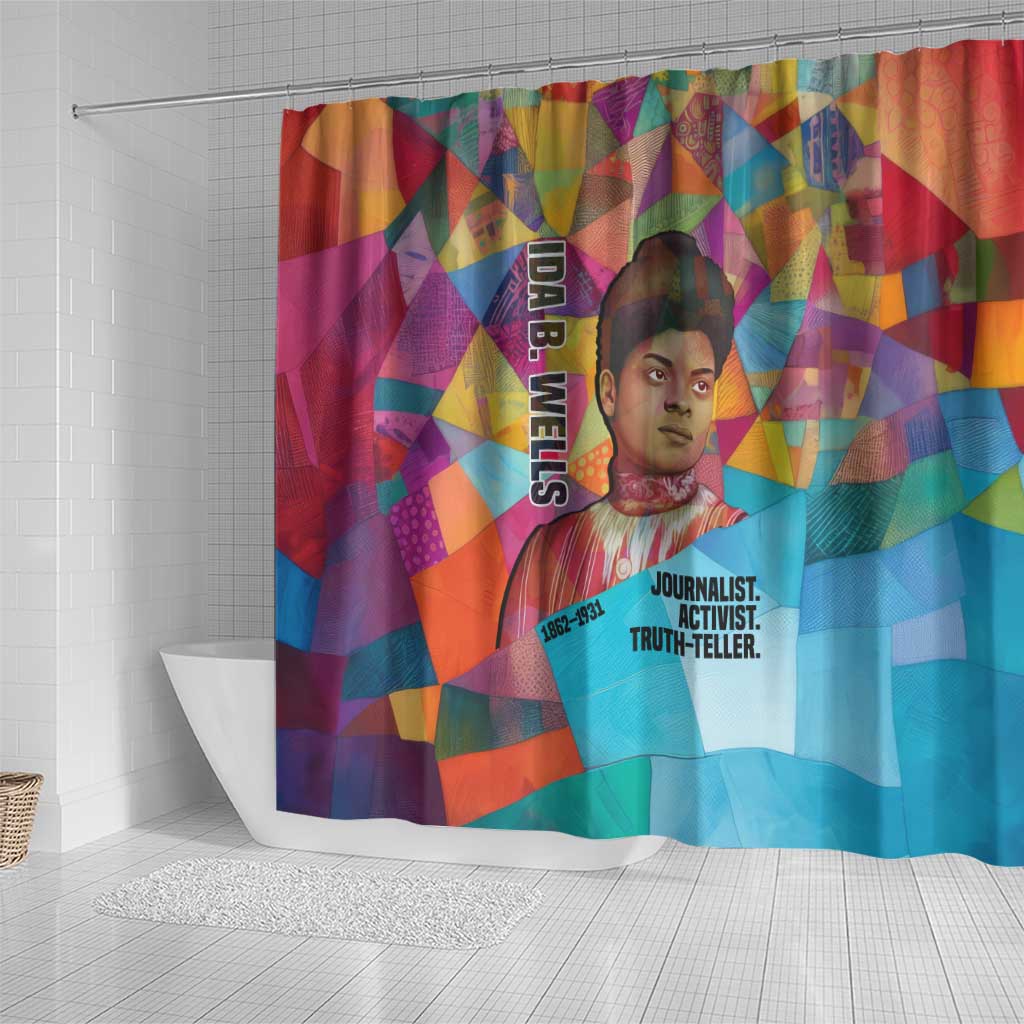 Ida B. Wells Shower Curtain with Colorful Patchwork Pattern Design Confident Portrait Civil Rights and Journalism Tribute - Wonder Print Shop