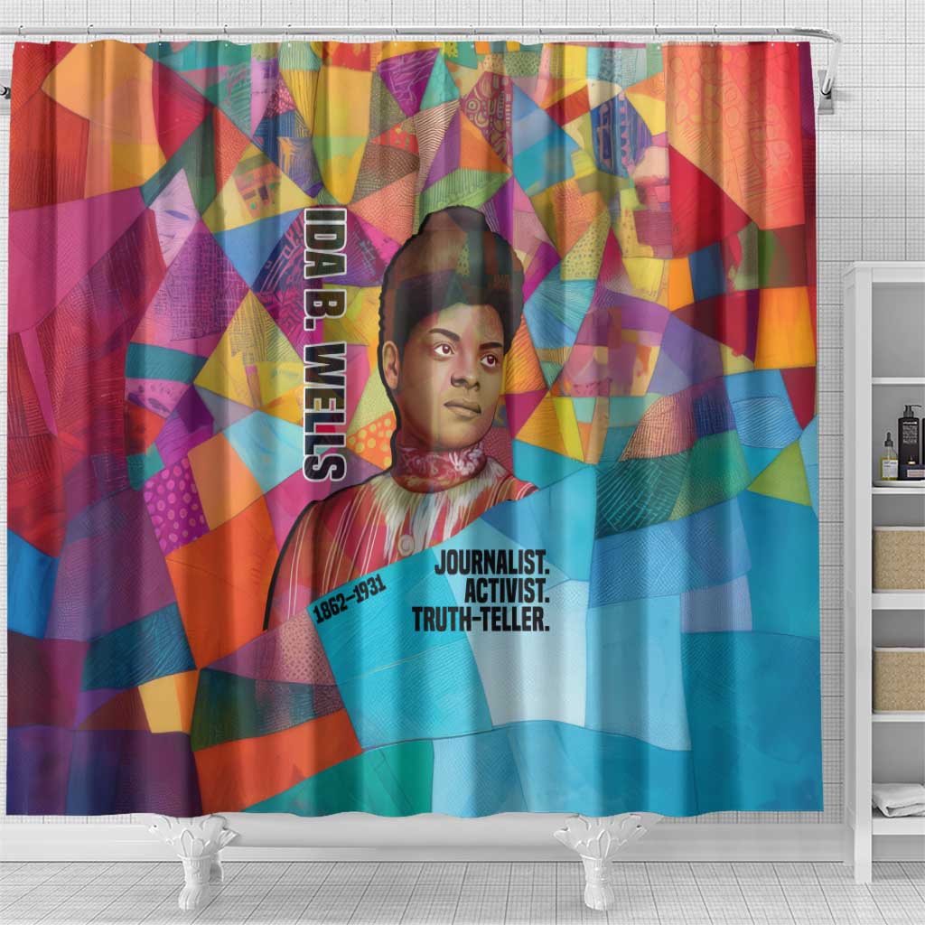 Ida B. Wells Shower Curtain with Colorful Patchwork Pattern Design Confident Portrait Civil Rights and Journalism Tribute - Wonder Print Shop