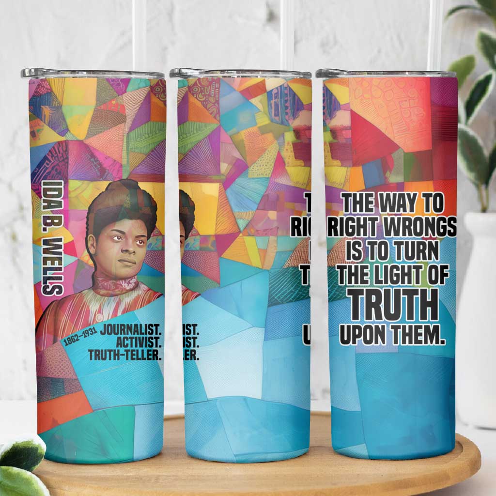 Ida B. Wells Skinny Tumbler with Colorful Patchwork Pattern Design Confident Portrait Civil Rights and Journalism Tribute - Wonder Print Shop
