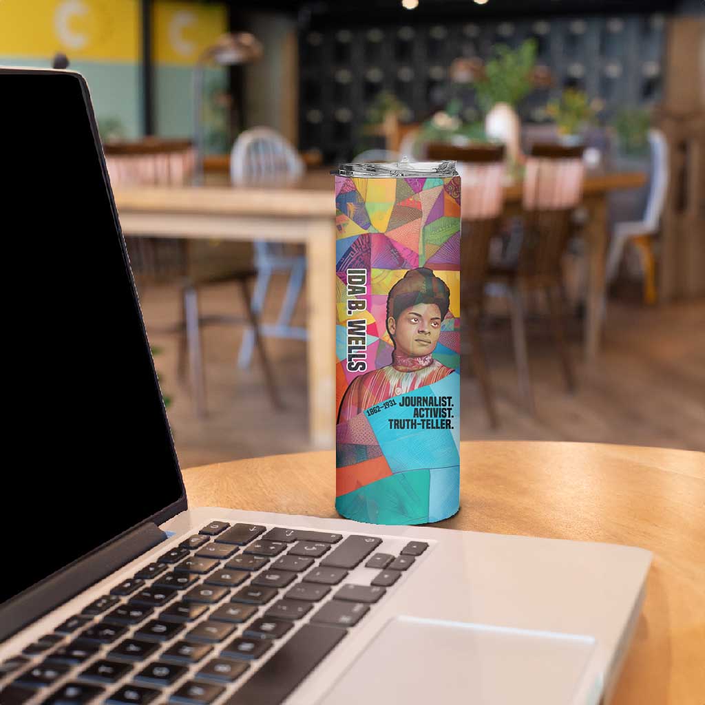 Ida B. Wells Skinny Tumbler with Colorful Patchwork Pattern Design Confident Portrait Civil Rights and Journalism Tribute - Wonder Print Shop
