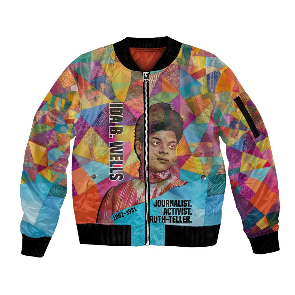Ida B. Wells Sleeve Zip Bomber Jacket with Colorful Patchwork Pattern Design Confident Portrait Civil Rights and Journalism Tribute - Wonder Print Shop