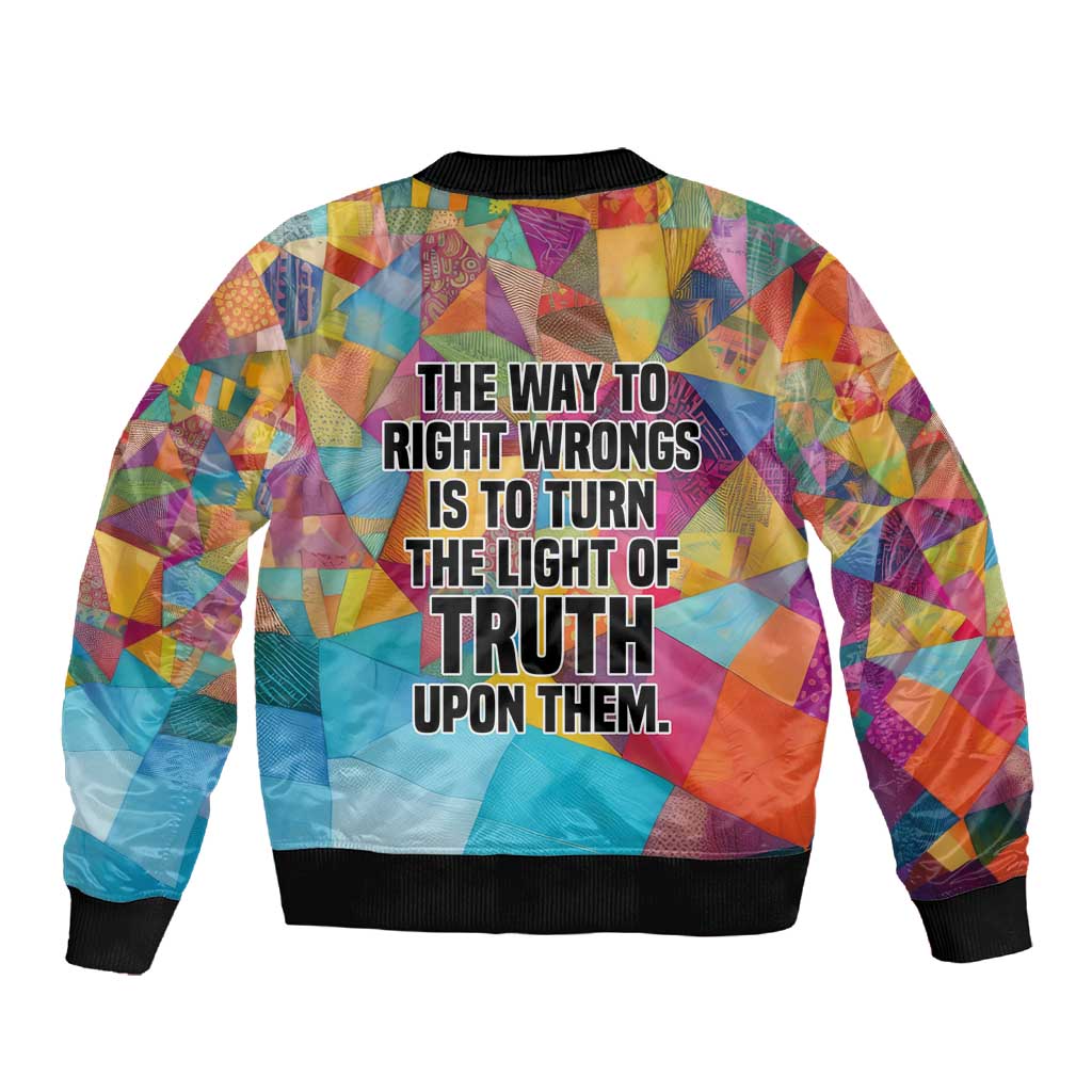 Ida B. Wells Sleeve Zip Bomber Jacket with Colorful Patchwork Pattern Design Confident Portrait Civil Rights and Journalism Tribute - Wonder Print Shop