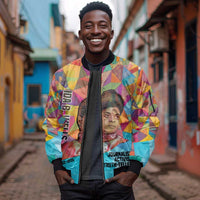 Ida B. Wells Sleeve Zip Bomber Jacket with Colorful Patchwork Pattern Design Confident Portrait Civil Rights and Journalism Tribute - Wonder Print Shop