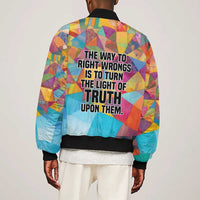 Ida B. Wells Sleeve Zip Bomber Jacket with Colorful Patchwork Pattern Design Confident Portrait Civil Rights and Journalism Tribute - Wonder Print Shop