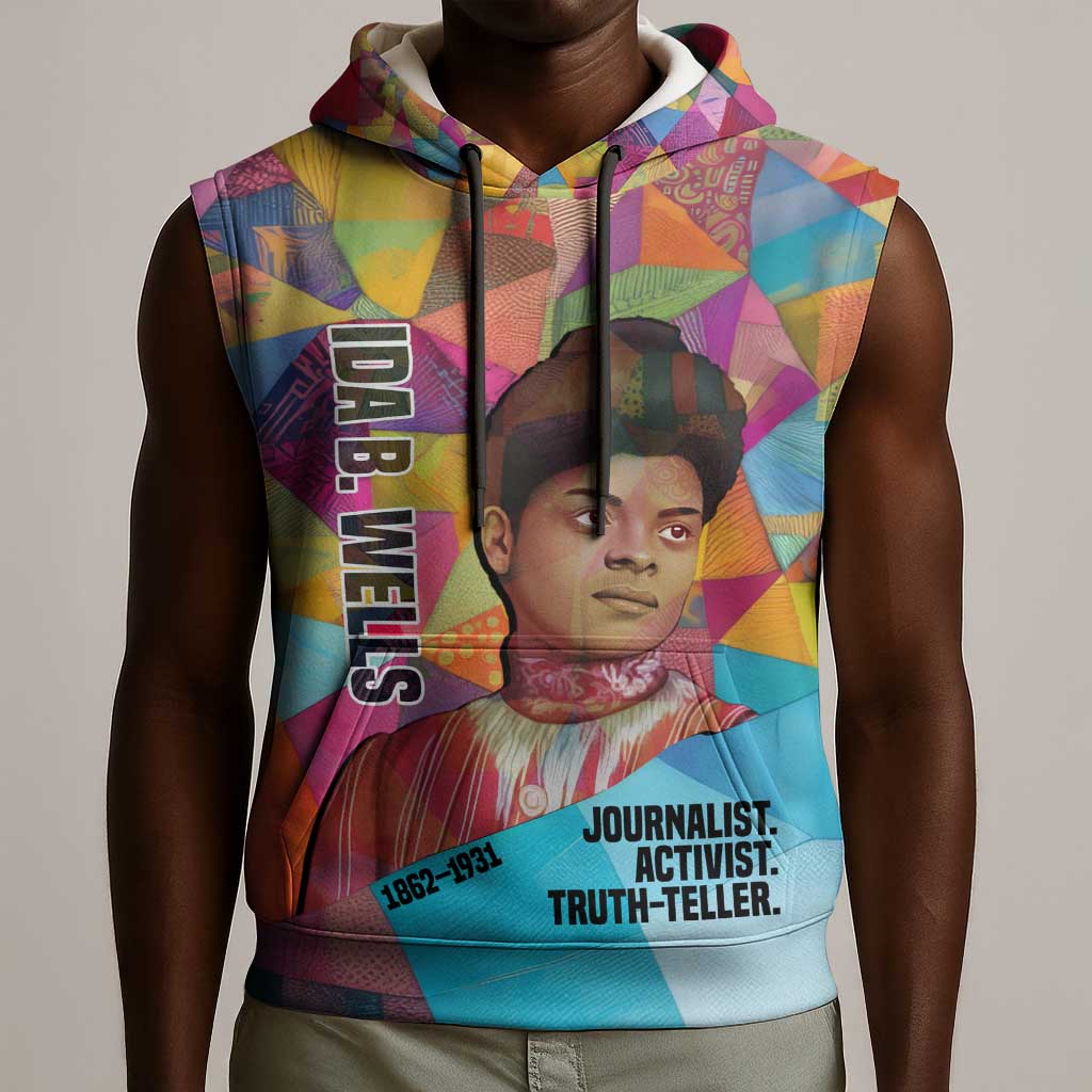Ida B. Wells Sleeveless Hoodie with Colorful Patchwork Pattern Design Confident Portrait Civil Rights and Journalism Tribute - Wonder Print Shop