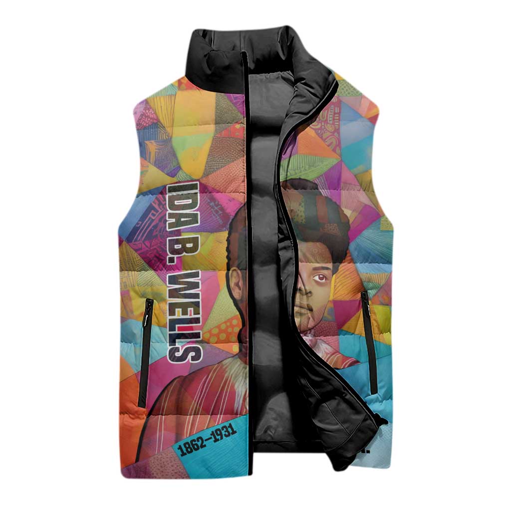 Ida B. Wells Sleeveless Puffer Jacket with Colorful Patchwork Pattern Design Confident Portrait Civil Rights and Journalism Tribute - Wonder Print Shop