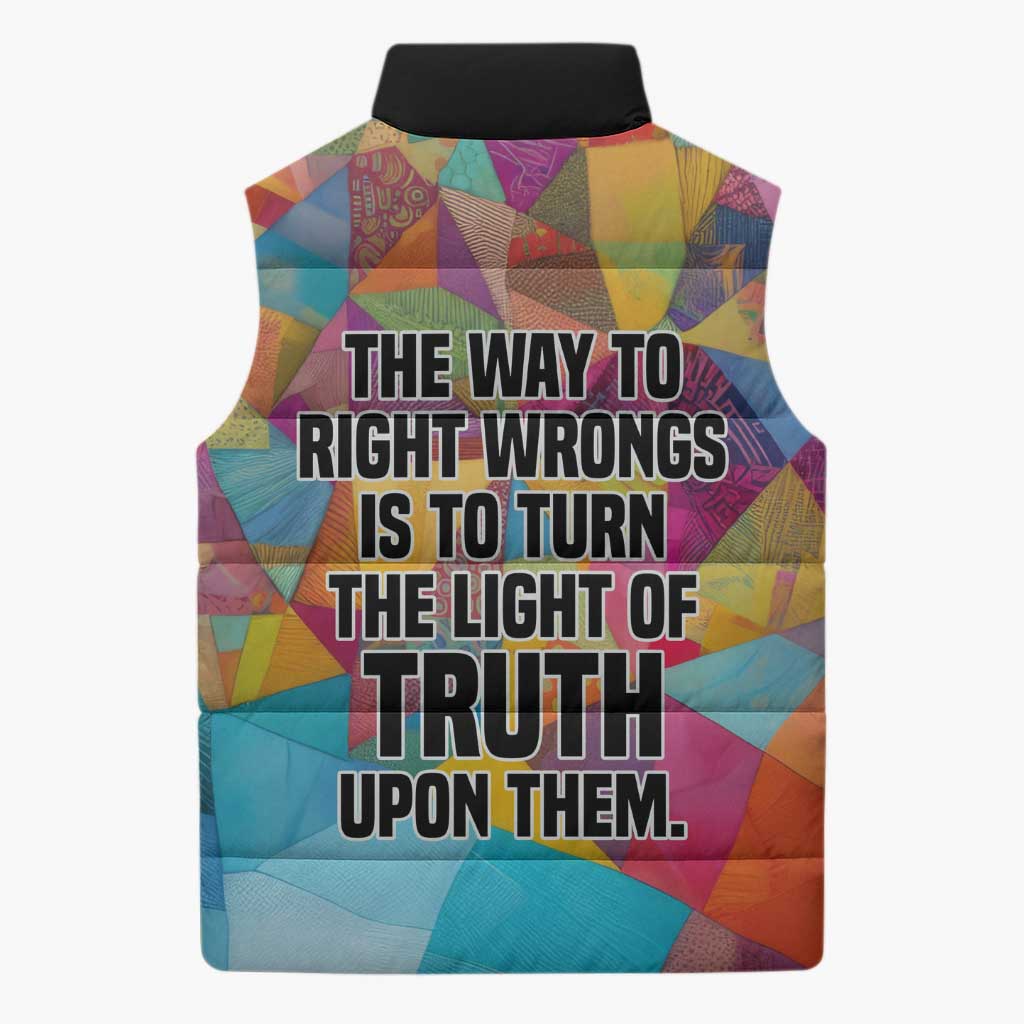 Ida B. Wells Sleeveless Puffer Jacket with Colorful Patchwork Pattern Design Confident Portrait Civil Rights and Journalism Tribute - Wonder Print Shop