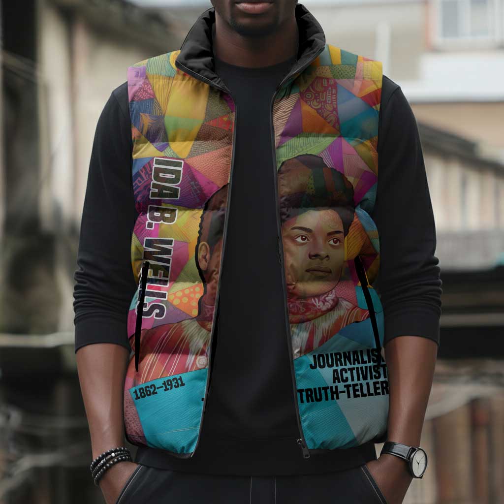 Ida B. Wells Sleeveless Puffer Jacket with Colorful Patchwork Pattern Design Confident Portrait Civil Rights and Journalism Tribute - Wonder Print Shop