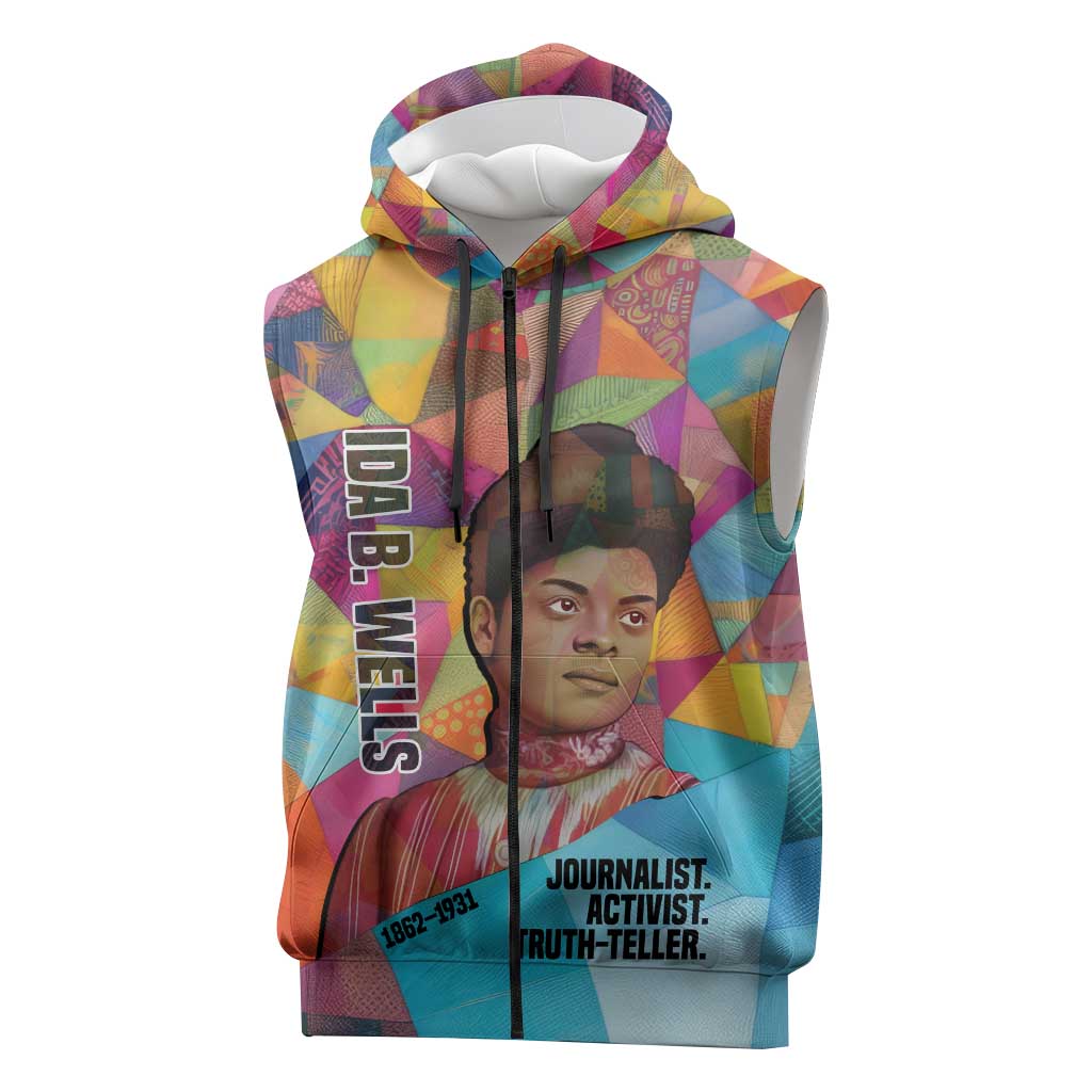 Ida B. Wells Sleeveless Zip Hoodie with Colorful Patchwork Pattern Design Confident Portrait Civil Rights and Journalism Tribute - Wonder Print Shop