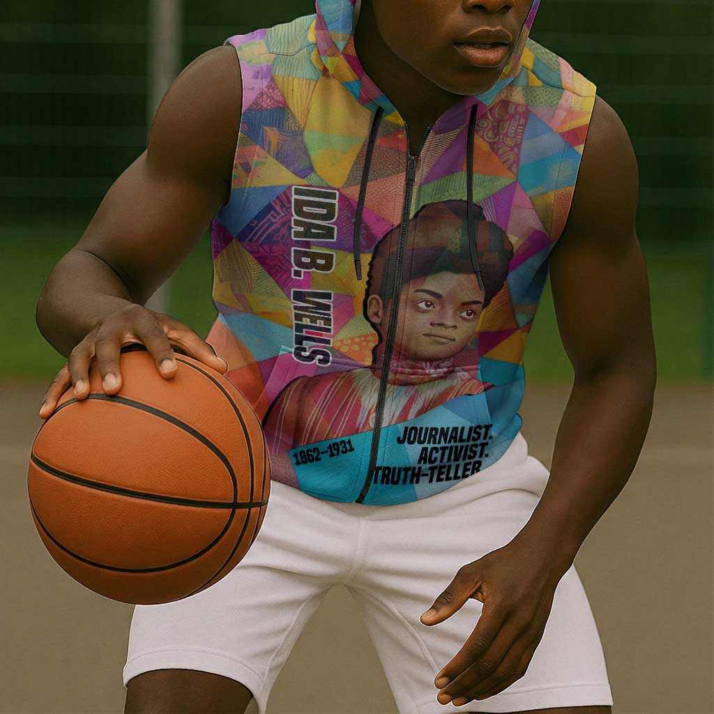 Ida B. Wells Sleeveless Zip Hoodie with Colorful Patchwork Pattern Design Confident Portrait Civil Rights and Journalism Tribute - Wonder Print Shop