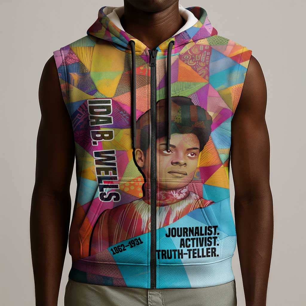 Ida B. Wells Sleeveless Zip Hoodie with Colorful Patchwork Pattern Design Confident Portrait Civil Rights and Journalism Tribute - Wonder Print Shop