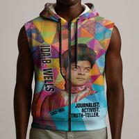 Ida B. Wells Sleeveless Zip Hoodie with Colorful Patchwork Pattern Design Confident Portrait Civil Rights and Journalism Tribute - Wonder Print Shop