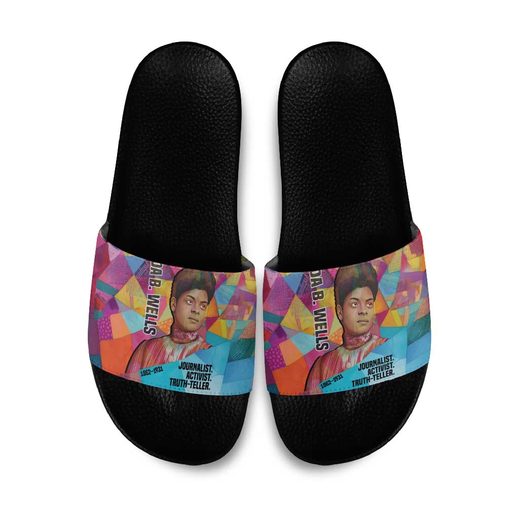Ida B. Wells Slide Sandals with Colorful Patchwork Pattern Design Confident Portrait Civil Rights and Journalism Tribute - Wonder Print Shop