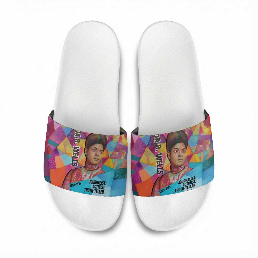 Ida B. Wells Slide Sandals with Colorful Patchwork Pattern Design Confident Portrait Civil Rights and Journalism Tribute - Wonder Print Shop